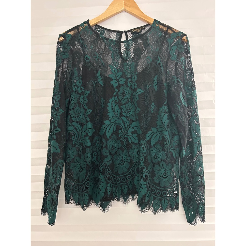 Dalia Womens Emerald Green Black Floral Lace Long Sleeve Blouse Top M Whimsigoth